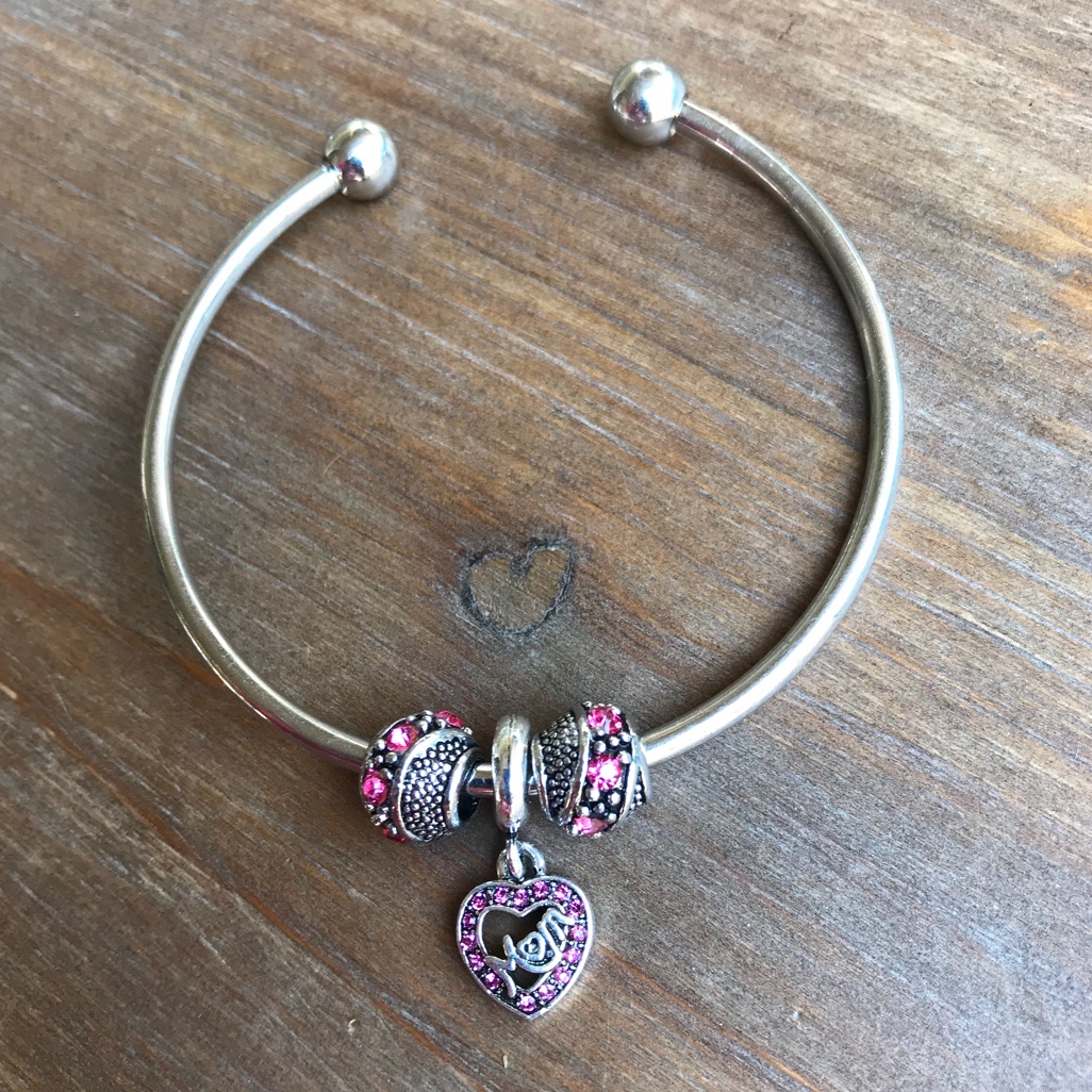 Pink Heart Mom Charm Bangle Cuff Bracelet